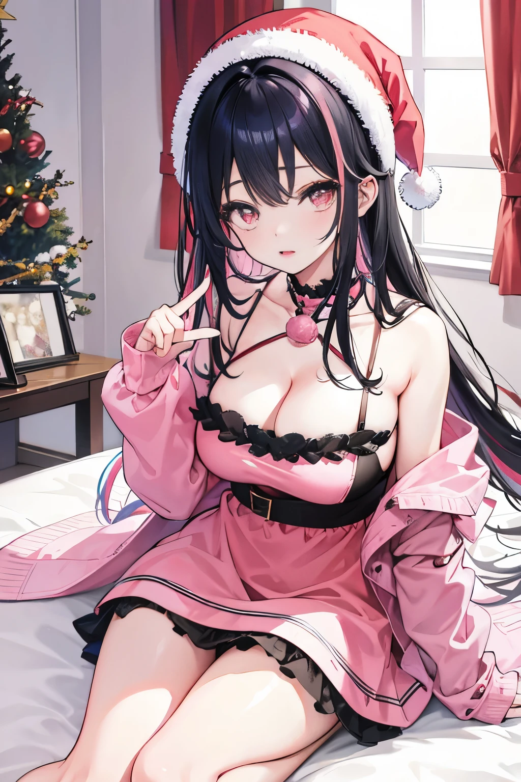 one girl, full body photo, kawaii. anime girl, christmas themed, black hair with pink streaks, pink streaks in hair, christmas hat, red lingerie, snow outside, inside bedroom, cosy and warm, snow outside of window, PINK STREAKS IN HAIR, pink eyes, hourglass figure, very good quality, correct amount of fingers, radnom expression, random gesture, random posture,
