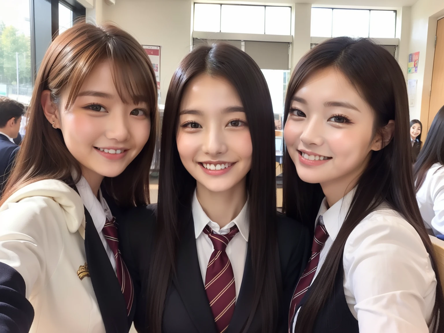 Young woman trio, oriental, idol, beauty, , school uniform, smile