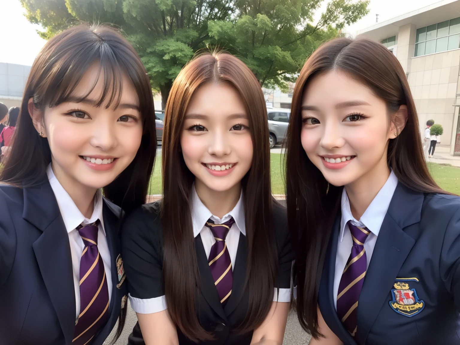 3 young women, oriental, idol, beauty, 13 years old, school uniform, classroom, smile