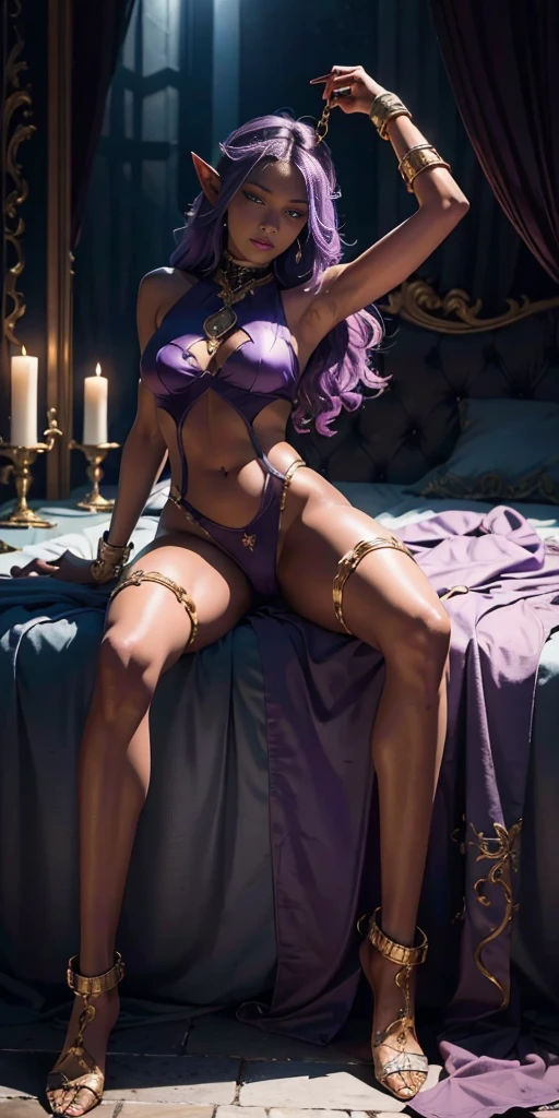 (masterpiece), (best quality), (ultra-detailed), line drawing, skindentation, (high resolution), (shackles on legs and arms inside bed), (high quality, best rendering), (8k), sharp focus, highres, 1girl, drow, purple colored skin, drow elf, pointy ears, full body, fetal positon on bed, (high quality:1.2), (high detail:1.2), (masterpiece:1.2), (extremely detailed:1.2)