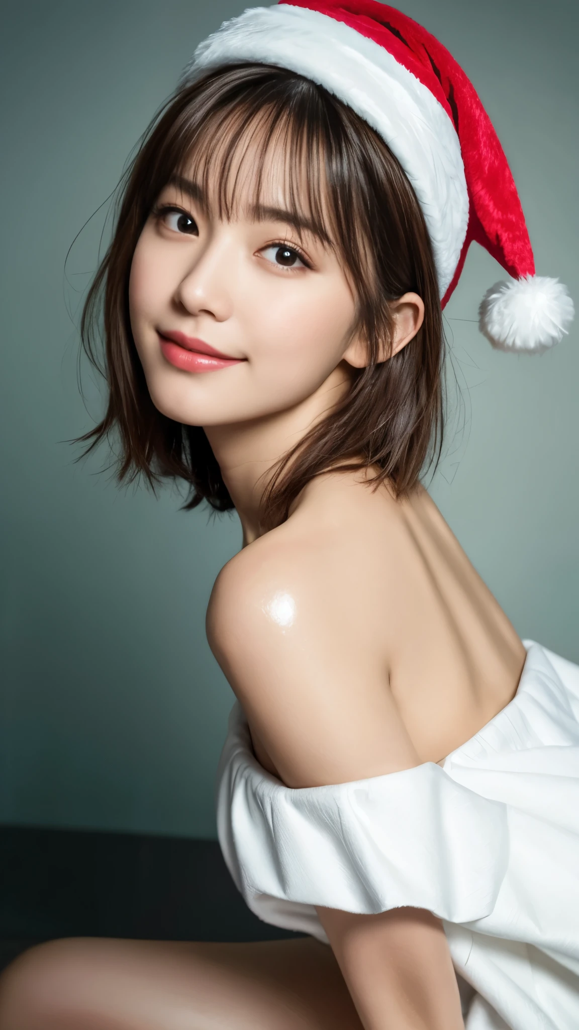 ((masterpiece, top quality, high definition)), one girl, ((Santa Claus costume, Santa Claus hat)), (photorealistic: 1.4), solo, white background, snow-white background, ((from above, from above, looking up at the viewer only with eyes, looking up only with eyes, looking up, looking up at the camera, staring at the camera)), closing the mouth, happy smile, happy smile, happy smile, Clean black hair, short hair, big eyes, pronounced double eyelids, eyelashes, ears out, long neck, long neck, (draw all head, shoulders), 19 years old, attractive proportions, shiny skin, clean collarbone, face in golden proportions, perfect face, teary mole, mole on chest, bangs, clean bangs, lip gloss, thin lips, white skin, naked, big breasts, breastfeeding with arms, small face, small face, Cute upper eyes