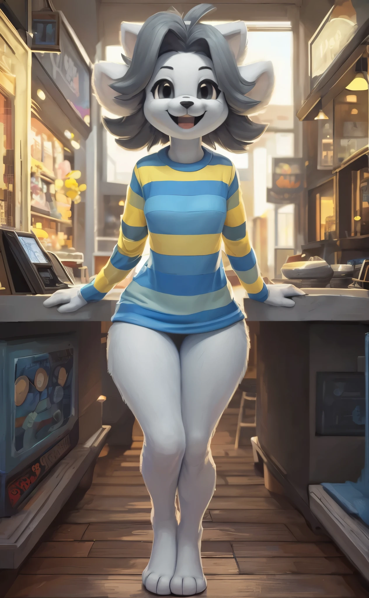 [temmie], [undertale], [Uploaded to e621.net; (Pixelsketcher), (wamudraws)], ((masterpiece)), ((HD)), ((solo portrait)), ((front view)), ((feet visible)), ((furry; anthro)), ((detailed fur)), ((detailed shading)), ((beautiful render art)), {anthro; (slim figure), (white body fur), black nose, cute grey eyes, short grey hair, (curvy hips), (beautiful legs), (beautiful feet), (excited smile)}, {(blue-yellow striped tee shirt)}, {(standing), (looking at viewer)}, [background; (shop), (countertop), (ambient lighting)]