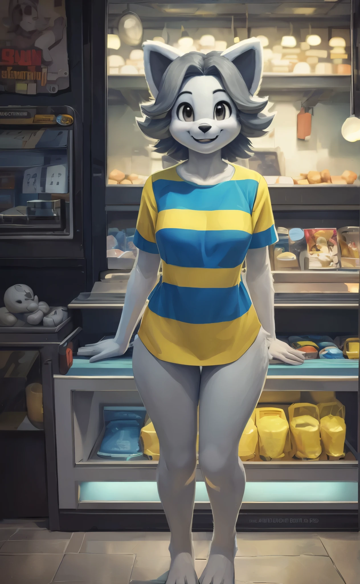 [temmie], [undertale], [Uploaded to e621.net; (Pixelsketcher), (wamudraws)], ((masterpiece)), ((HD)), ((solo portrait)), ((front view)), ((feet visible)), ((furry; anthro)), ((detailed fur)), ((detailed shading)), ((beautiful render art)), {anthro; (slim figure), (white body fur), black nose, cute grey eyes, short grey hair, (curvy hips), (beautiful legs), (beautiful feet), (excited smile)}, {(blue-yellow striped tee shirt)}, {(standing), (looking at viewer)}, [background; (shop), (countertop), (ambient lighting)]