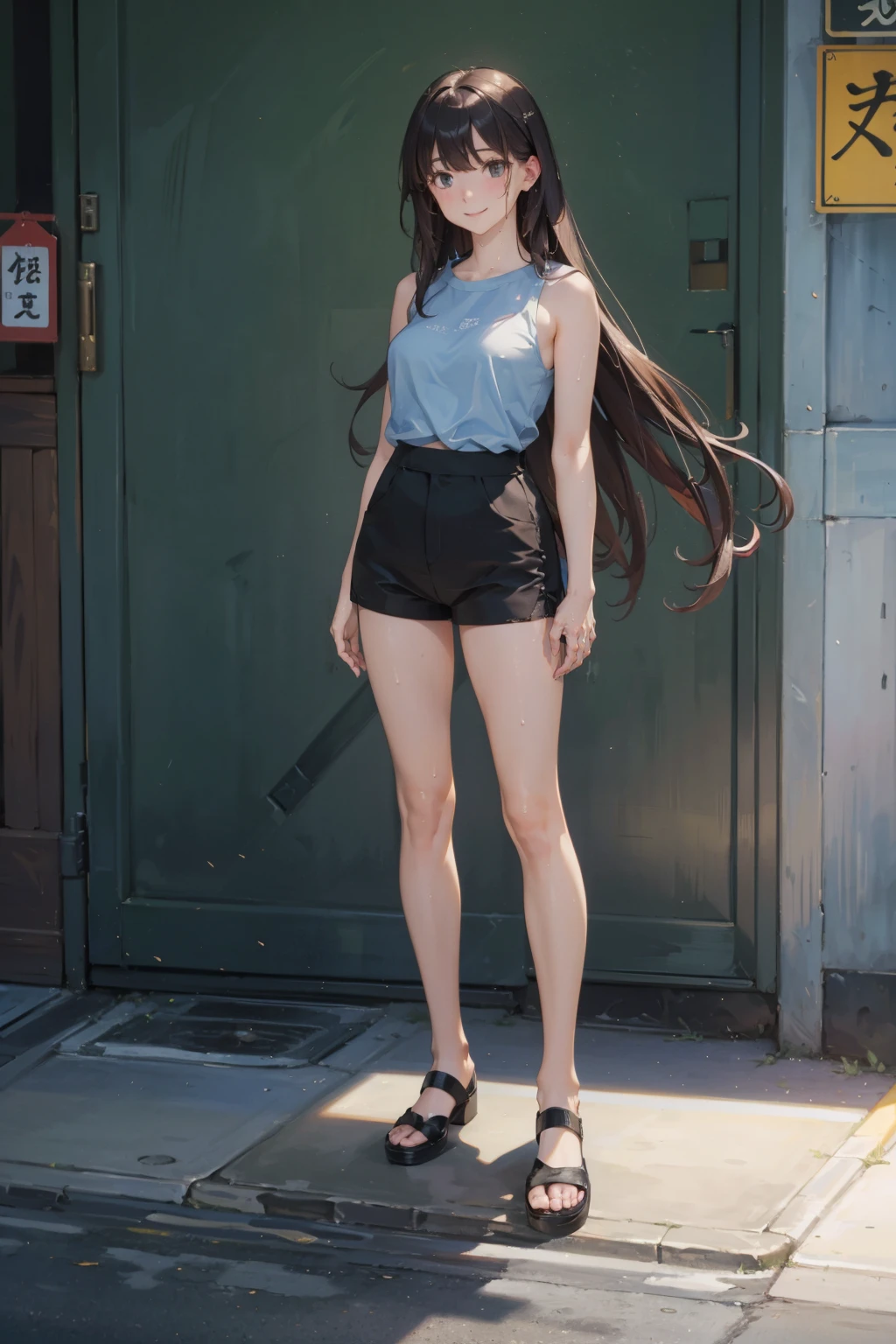 (FULL BODYSHOT、an oil painting、​masterpiece、top-quality、hight resolution、Dark hair、Super long hair、Bangs are aligned、Good mood、Blue shirt、sleeveless black shorts、Sweaty skin、Streets of Tokyo、lightly dressed、