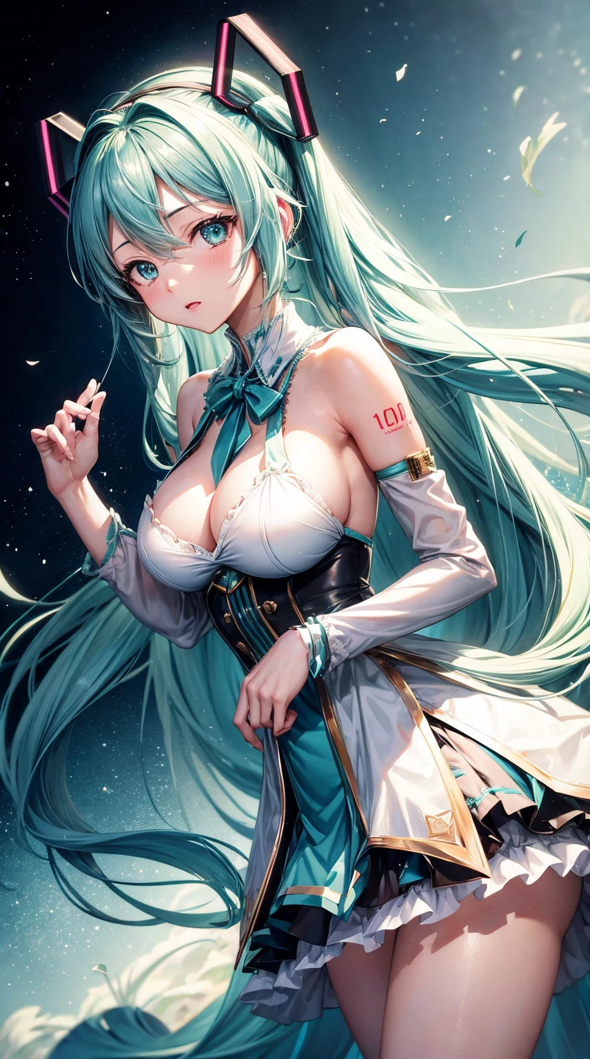 人物:Big breasts Hatsune Miku，Long hair。Gorgeous dress