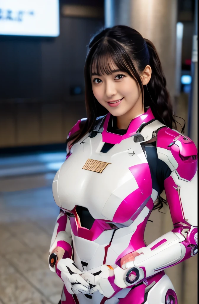 （ultra best quality、in 8K、masuter piece、delicate illustration、full body Esbian）,(Wearing a shocking pink and white distressed Iron Man suit.）、A beautiful and bewitching Japanese 25-year-old woman、Plump body、Curly black hair、Colossal tits、A slight smil、airport