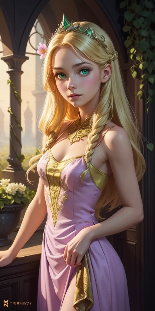 Flower Princess, Rapunzel, Beautiful, Glowing yellow glow, Long blonde hair, Green eyes, Lilac flower dress, Green ivy, Nice young face, Soft tan skin,Art germ, Ultra-detailed and intricate Gothic art trends in Artstation ternary colors, Fantastical, intricately details, Splash screen, Complementary colors, fantasy concept art,