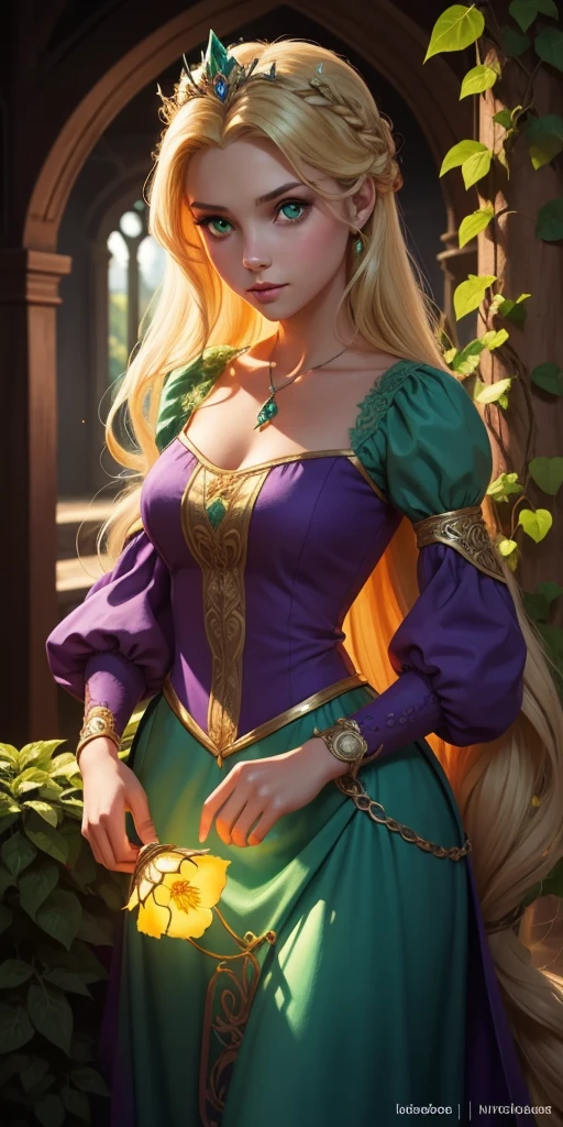 Flower Princess, Rapunzel, Beautiful, Glowing yellow glow, Long blonde hair, Green eyes, Lilac flower dress, Green ivy, Nice young face, Soft tan skin,Art germ, Ultra-detailed and intricate Gothic art trends in Artstation ternary colors, Fantastical, intricately details, Splash screen, Complementary colors, fantasy concept art,