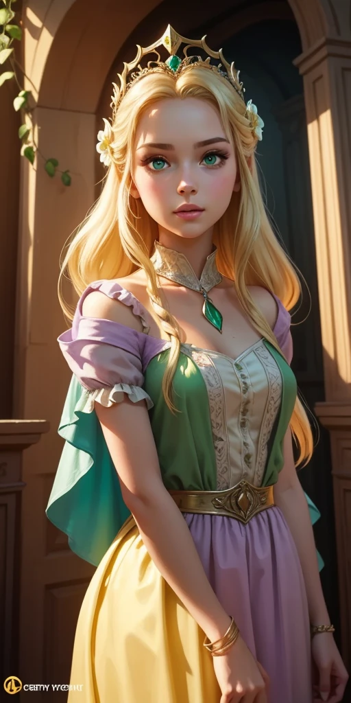 Flower Princess, Rapunzel, Beautiful, Glowing yellow glow, Long blonde hair, Green eyes, Lilac flower dress, Green ivy, Nice young face, Soft tan skin,Art germ, Ultra-detailed and intricate Gothic art trends in Artstation ternary colors, Fantastical, intricately details, Splash screen, Complementary colors, fantasy concept art,