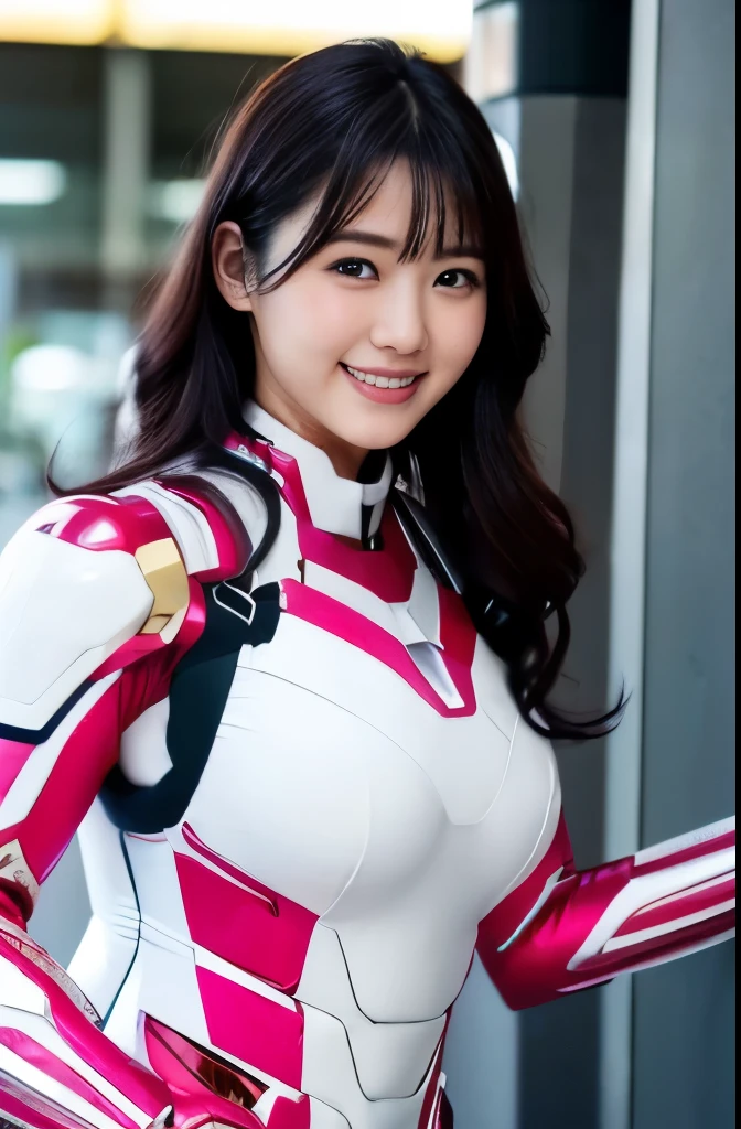 （ultra best quality、in 8K、masuter piece、delicate illustration、full body Esbian）,(Wearing a shocking pink and white distressed Iron Man suit.）、A beautiful and bewitching Japanese 25-year-old woman、Plump body、Curly black hair、Colossal tits、A slight smil、airport