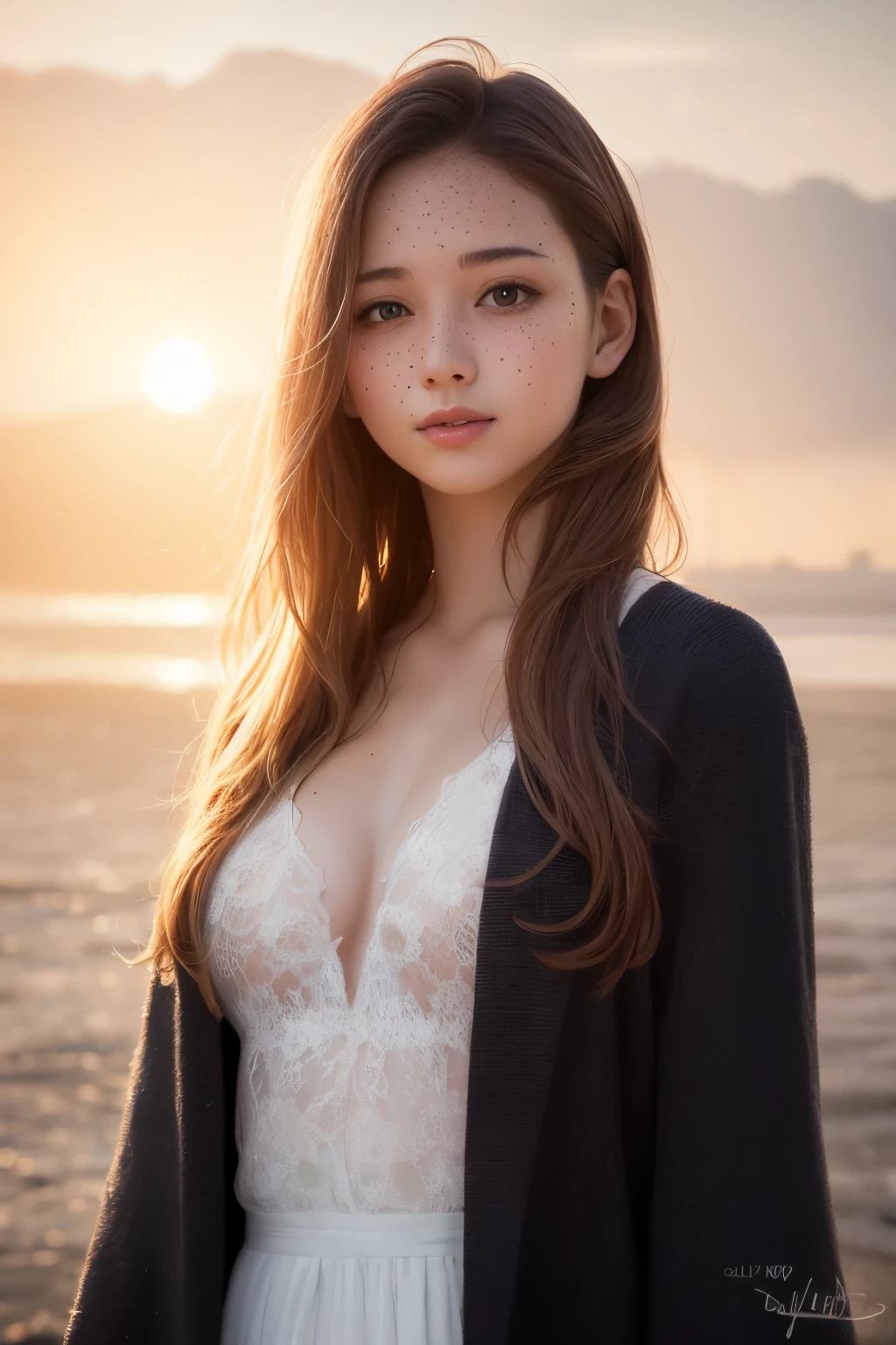 best quality, masterpiece, (realistic:1.2), young woman, floating hair, colorful open robe, victorian, front, detailed face, beautiful eyes, (smug smile:1.1), freckles, sun flare, vibrant, sharp focus,