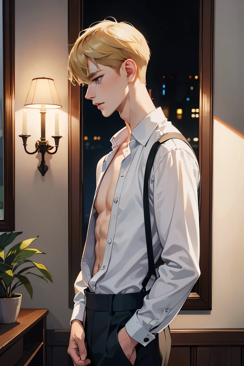 young man, 25 years old, short blonde hair, hair combed forwards, blue eyes, twink, standing, undressing, unbuttoning shirt, white shirt, lederhosen, open shirt, unbuttoned shirt, brown trousers, sad expression, looking down, dark room, dim lighting, lights off, night time, armin arlert, side view