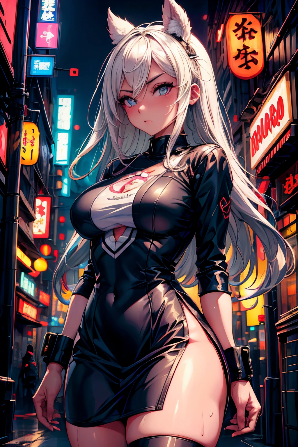 Chica anime vestida con traje urbano negro, standing in the middle of a cityscape illuminated with neon lights, juxtaposing traditional Japanese print art with dinopunk aesthetics, pulp comics style, RTX activado para reflejos hiperrealistas, Teniendo sexo a cuatro patas, hot, sexy