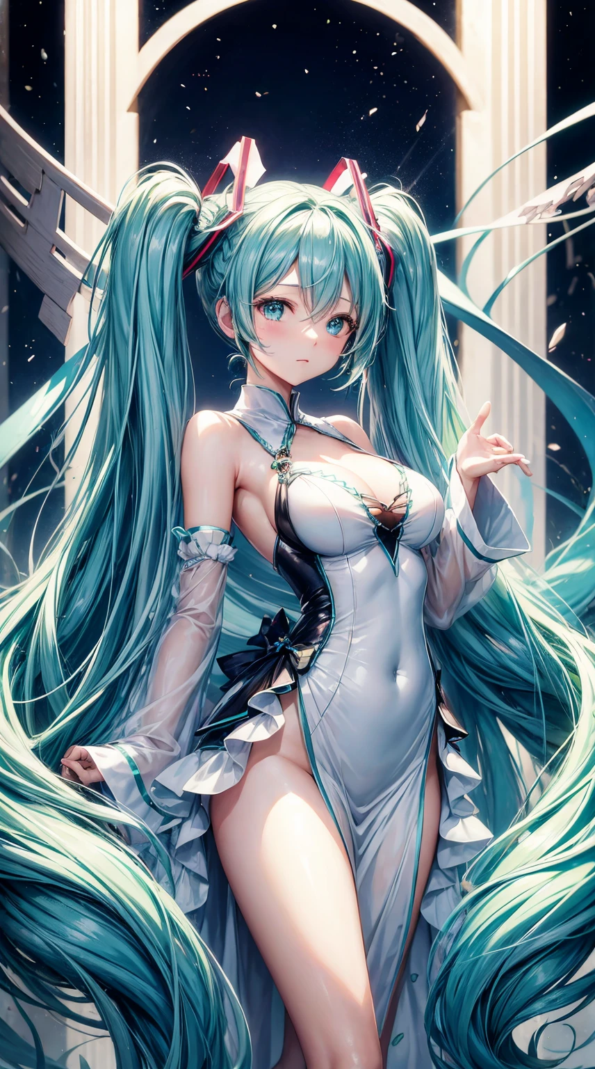 Hatsune Miku with big breasts，long whitr hair。Gorgeous dress