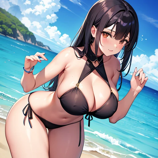 black mom and black daughter with large breasts and wide hips at the beach
