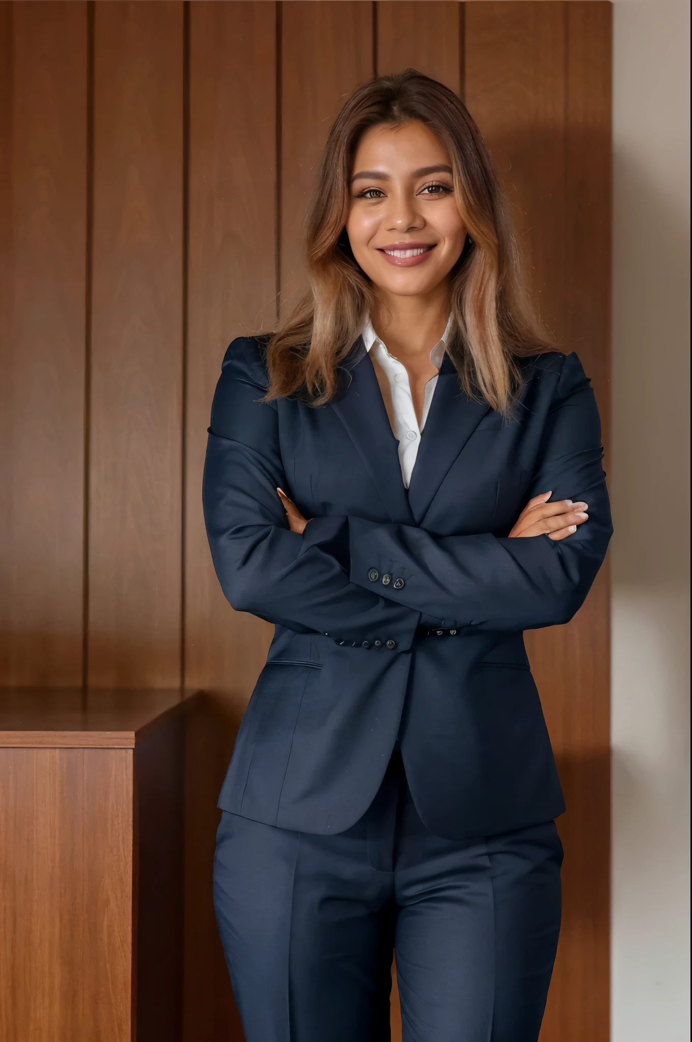 Imagem profissional de uma executiva advogada de 30 anos no Brasil, Wear a navy blue business casual suit, foto de perfil profissional, posing with crossed arms, imagem profissional, foto de perfil profissional, business woman, advogada, profissional, cabelos pretos cor de pele brasileiro, Um hiper-realista, smiling expression, 8k high-definition,Background is an office on a high floor、pela janela