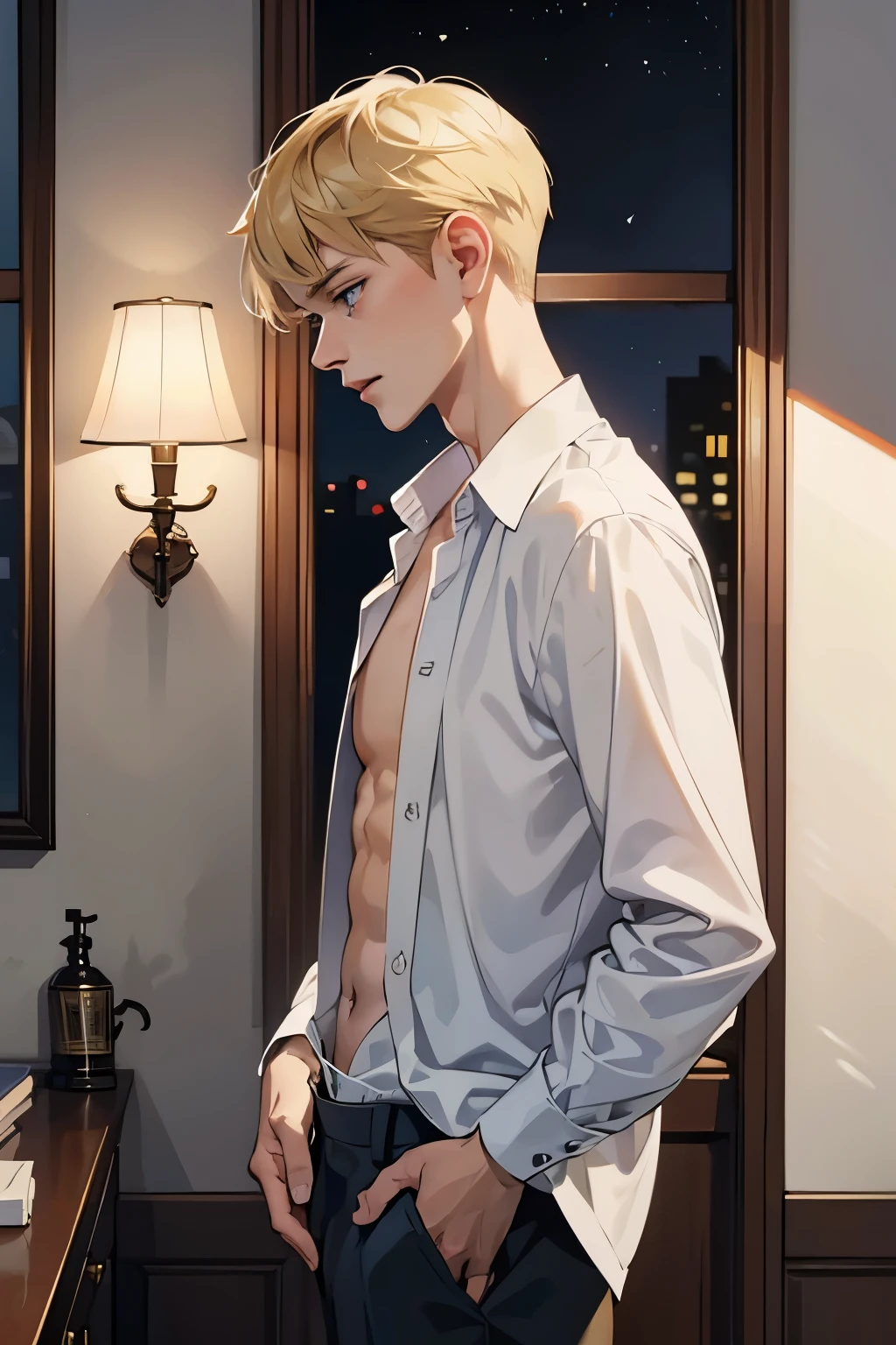 young man, 25 years old, short blonde hair, hair combed forwards, blue eyes, twink, standing, undressing, unbuttoning shirt, white shirt, lederhosen, open shirt, unbuttoned shirt, brown trousers, sad expression, looking down, dark room, dim lighting, lights off, night time, armin arlert, side view