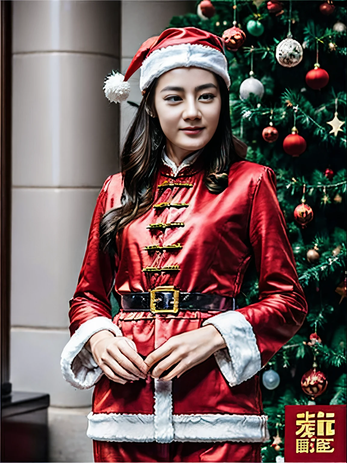 ((Beautiful Chinese Woman))，Asian Women，(Red Santa Claus costume：1.5)，Christmas tree，Christmas atmosphere，Black hair，Photorealsitic，surrealism, F/1.2, 35 mm, Fuji Film, 8K, Super Detail, nffsw, masutepiece, ccurate, Anatomically correct, Textured skin, Super Detail, high details, High quality, Best Quality, hight resolution