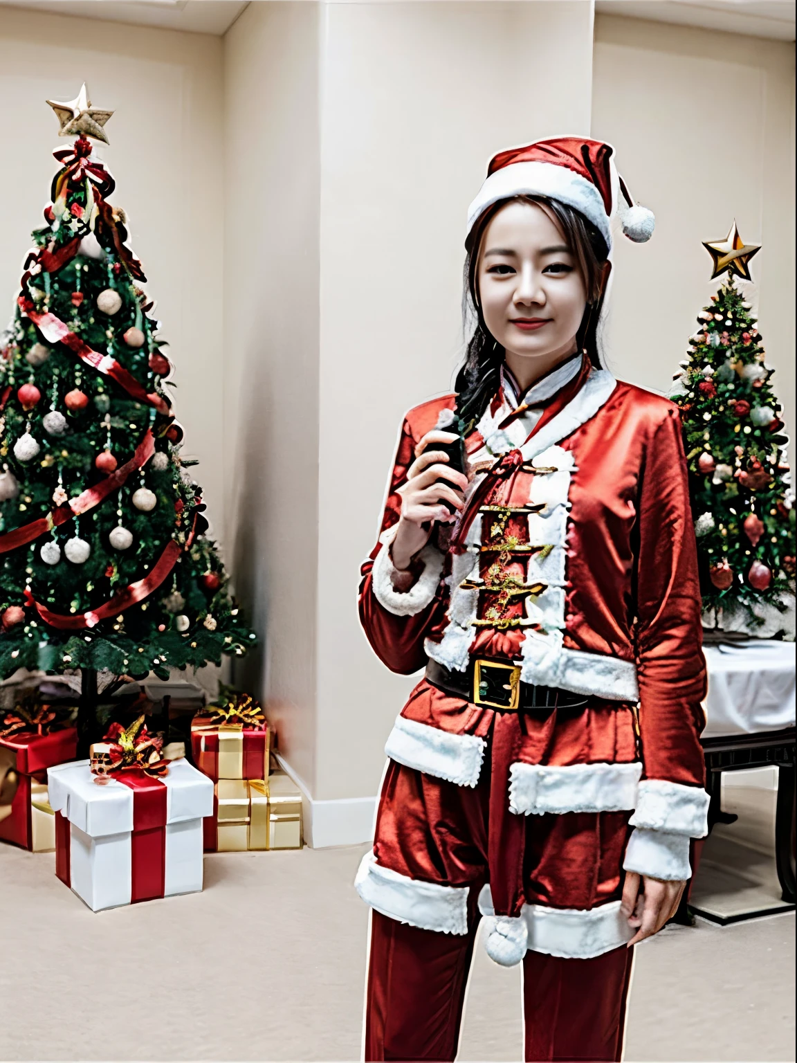 ((Beautiful Chinese Woman))，Asian Women，(Red Santa Claus costume：1.5)，Christmas tree，Christmas atmosphere，Black hair，Photorealsitic，surrealism, F/1.2, 35 mm, Fuji Film, 8K, Super Detail, nffsw, masutepiece, ccurate, Anatomically correct, Textured skin, Super Detail, high details, High quality, Best Quality, hight resolution