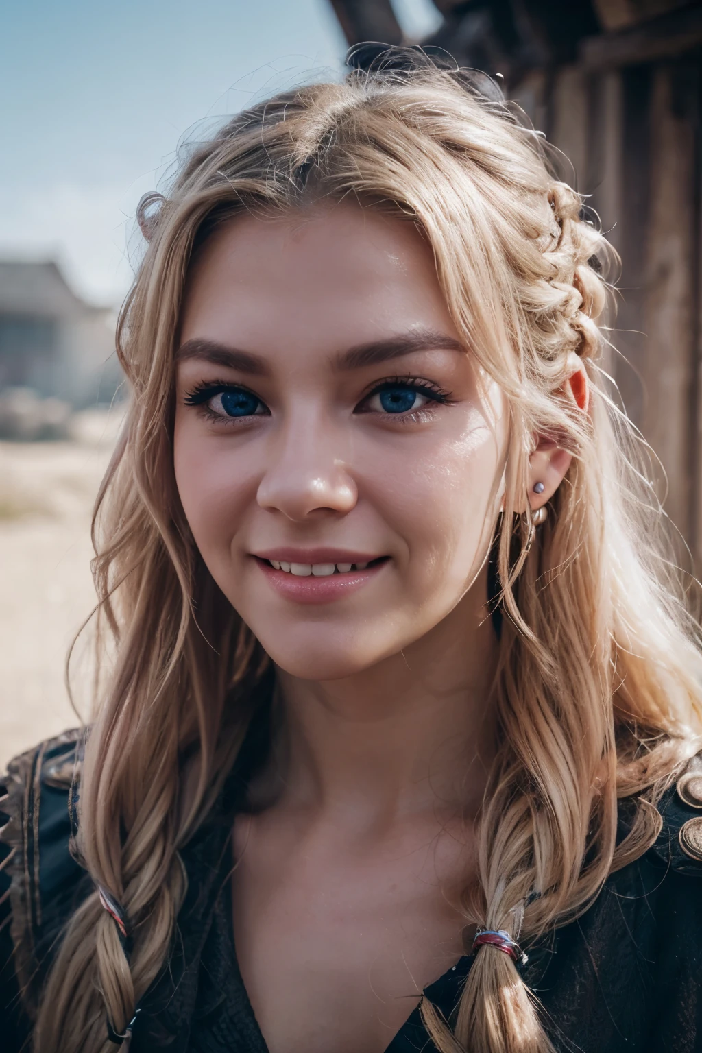 hair bobbles, wince, longeyelashes, solid circle eyes, light smile, ear blush, fang, blond hair, Surrealism, drop shadow, anaglyph, stereogram, tachi-e, pov, atmospheric perspective, viking, 8k, super detail, ccurate, best quality
