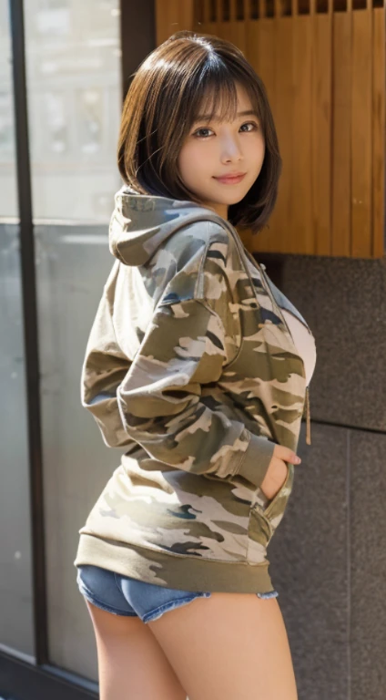 Extreme quality、Expresses skin texture to the limit、Extremely beautiful face active as a gravure idol、(13yo girl、Extremely beautiful face, thin cheek line、a small face、big eye、cat eyes with raised corners、natural make up)(fair white skin)(sparkly eyes)、with shiny brown hair、((Very short bob、Fine hair、smooth straight hair、Hair hanging over the ears))、Beautiful exposed valley、large full breasts、thin-waist、big butts((Hoodie with cleavage zip、Red camouflage pattern、Short length))((I can see the beautiful cleavage))((Red camouflage extremely short miniskirt))red camouflage sneakers、魅惑的、bright expression、Bright smile。her fashion and expressions、The perfect balance of cuteness and elegance、draw the viewer in、Throughout this scene、express her charm to the fullest、Angle up to the knee、Pose to look back and look back、Medium full shot from behind、