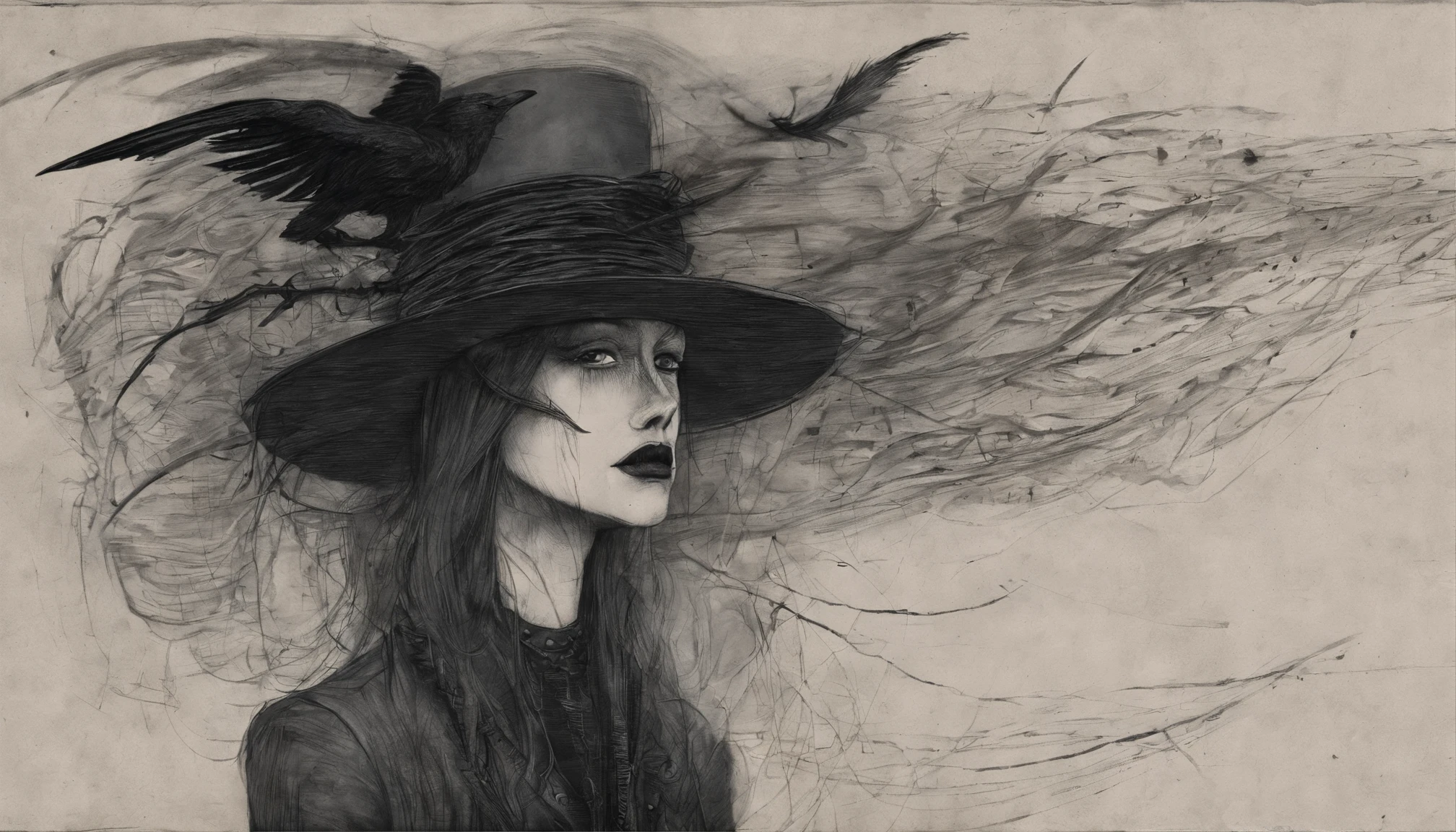 drawing of a woman with a hat and a bird on her head, a drawing inspired by Farel Dalrymple, tumblr, conceptual art, drawn on , wind blowing and hair flowing, animation still, pen on , windy mane, scribbled, his hair moves with the wind, weird scribbles, pencil doodle, on a notebook page, hand - drawn animation