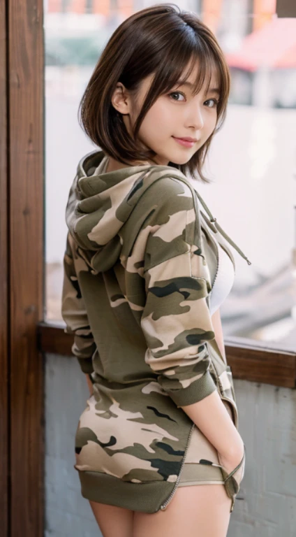 Extreme quality、Expresses skin texture to the limit、Extremely beautiful face active as a gravure idol、(13yo girl、Extremely beautiful face, thin cheek line、a small face、big eye、cat eyes with raised corners、natural make up)(fair white skin)(sparkly eyes)、with shiny brown hair、((Very short bob、Fine hair、smooth straight hair、Hair hanging over the ears))、Beautiful exposed valley、large full breasts、thin-waist、big butts((Hoodie with cleavage zip、Red camouflage pattern、Short length))((I can see the beautiful cleavage))((Red camouflage extremely short miniskirt))red camouflage sneakers、魅惑的、bright expression、Bright smile。her fashion and expressions、The perfect balance of cuteness and elegance、draw the viewer in、Throughout this scene、express her charm to the fullest、Angle up to the knee、Pose to look back and look back、Medium full shot from behind、