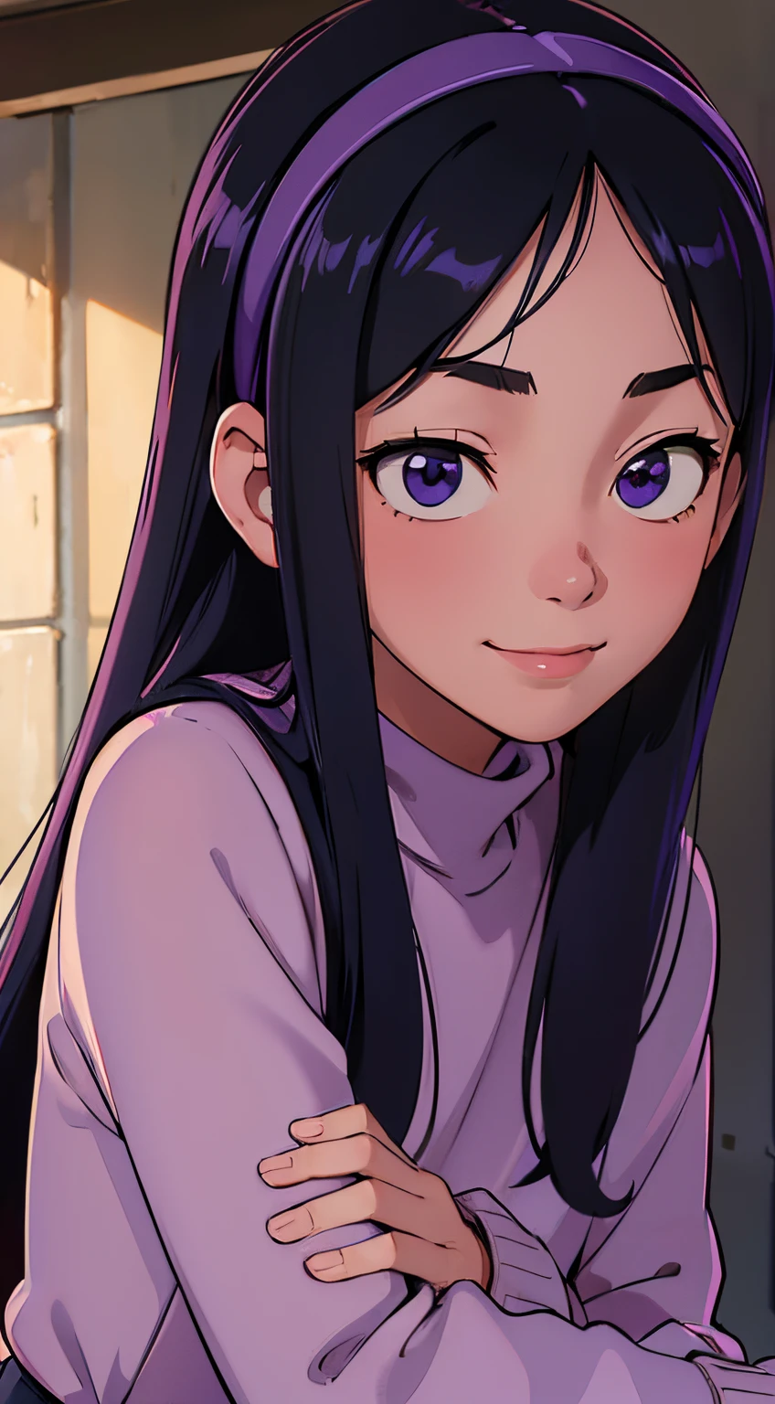 (((masterpiece))), HD 4k res image, no blur, Violet Parr l, innocent shy smile, at school outdoor, shy stand, wearing oversize sweater, hairband