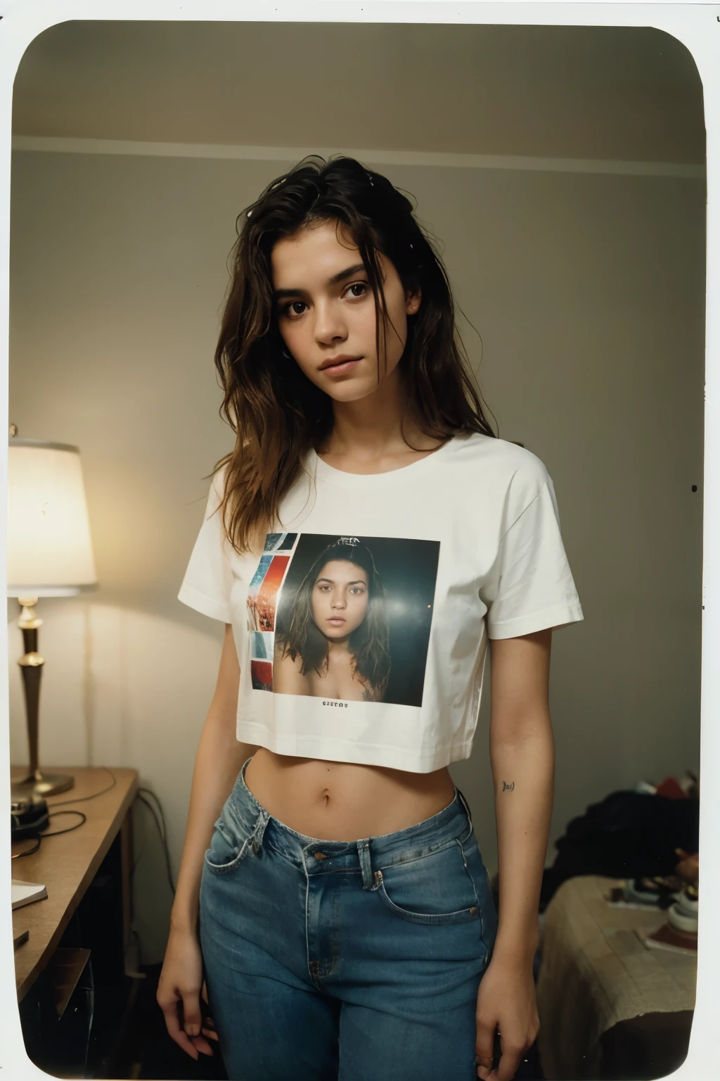 beautiful woman standing in a room with lights, slim body, messy medium hair, wearing jeans and a t shirt a polaroid photo inspired by Nan Goldin, tumblr, photorealism, 3 5 mm portrait, in style of nan goldin, in style of petra collins, taken with polaroid kodak portra, analogue photo low quality, photographed on colour film, shot with a canon 35mm lens, film portrait