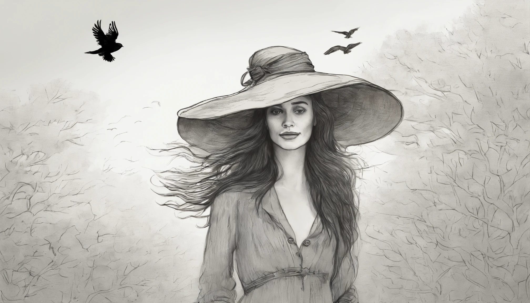 drawing of a woman with a hat and a bird on her head, inspired by Farel Dalrymple, drawn on , wind blowing and hair flowing, animation still, pen on , inspired by Quentin Blake, windy mane, scribbled, inspired by George Wyllie, his hair moves with the wind, weird scribbles, pencil doodle