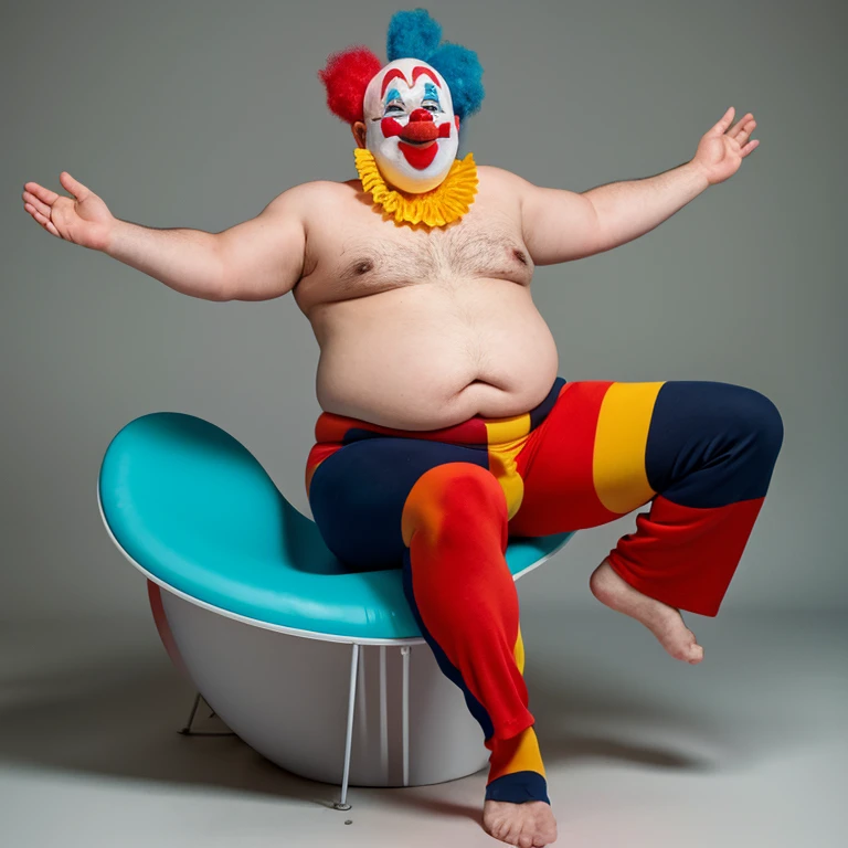 A clown man gets so fat that he can't stand up, and there's a half-eaten cake on his rounded belly.