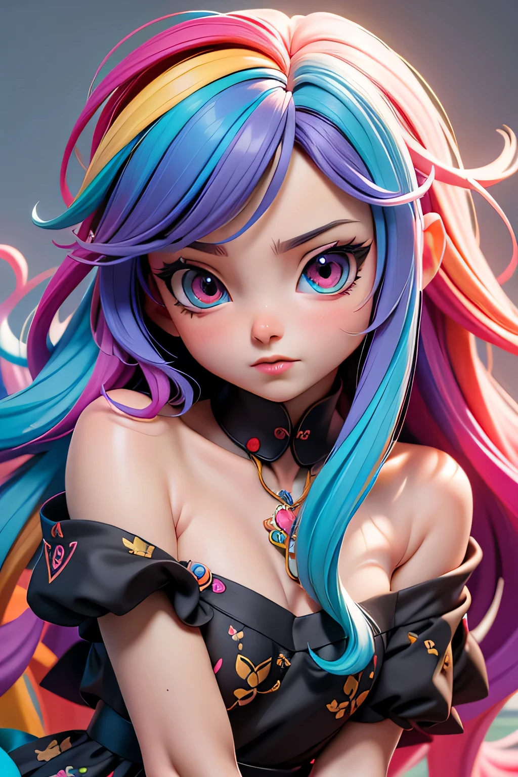 Obra de arte, melhor qualidade, 1 garota, rainbow hair, fundo intrincado, profundidade de campo, olhos multicoloridos, vestido preto, 8K, high resolution, High definition, 3d, anime estilizado, lindo, bonitinho, arte digital detalhada, digite germe, fantasia,