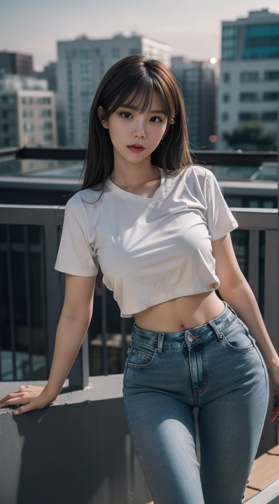 A Chinese woman on the rooftop of a tall building at night, with fluffy hair, delicate face, realistic, real, slim, large aperture, sexy shots, attractive poses, Instagram model, wearing black jeans and light gray top, tight jeans, long pants, cropped shirt, open navel, short sleeves, light gray shirt, tight shirt, black jeans, light gray top,