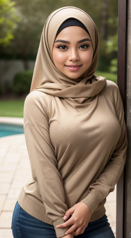 RAW, Best quality, high resolution, Masterpiece: 1.3), Beautiful Malay woman in hijab,Masterpiece, best quality,8k, brown eyes, perfect eyes,realisticlying,girl in beige jacket over fitted turtleneck sweater、Wear khaki pantull body)),Face Smile Sexy Pose、Breasts enlarged、Take the sweater outside