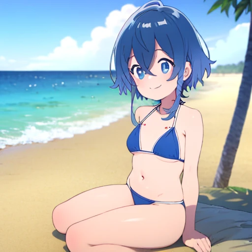 Blue bikini, feet, flat chests, smiling, beach