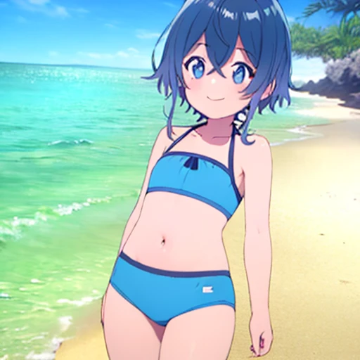 Blue bikini, feet, flat chests, smiling, beach