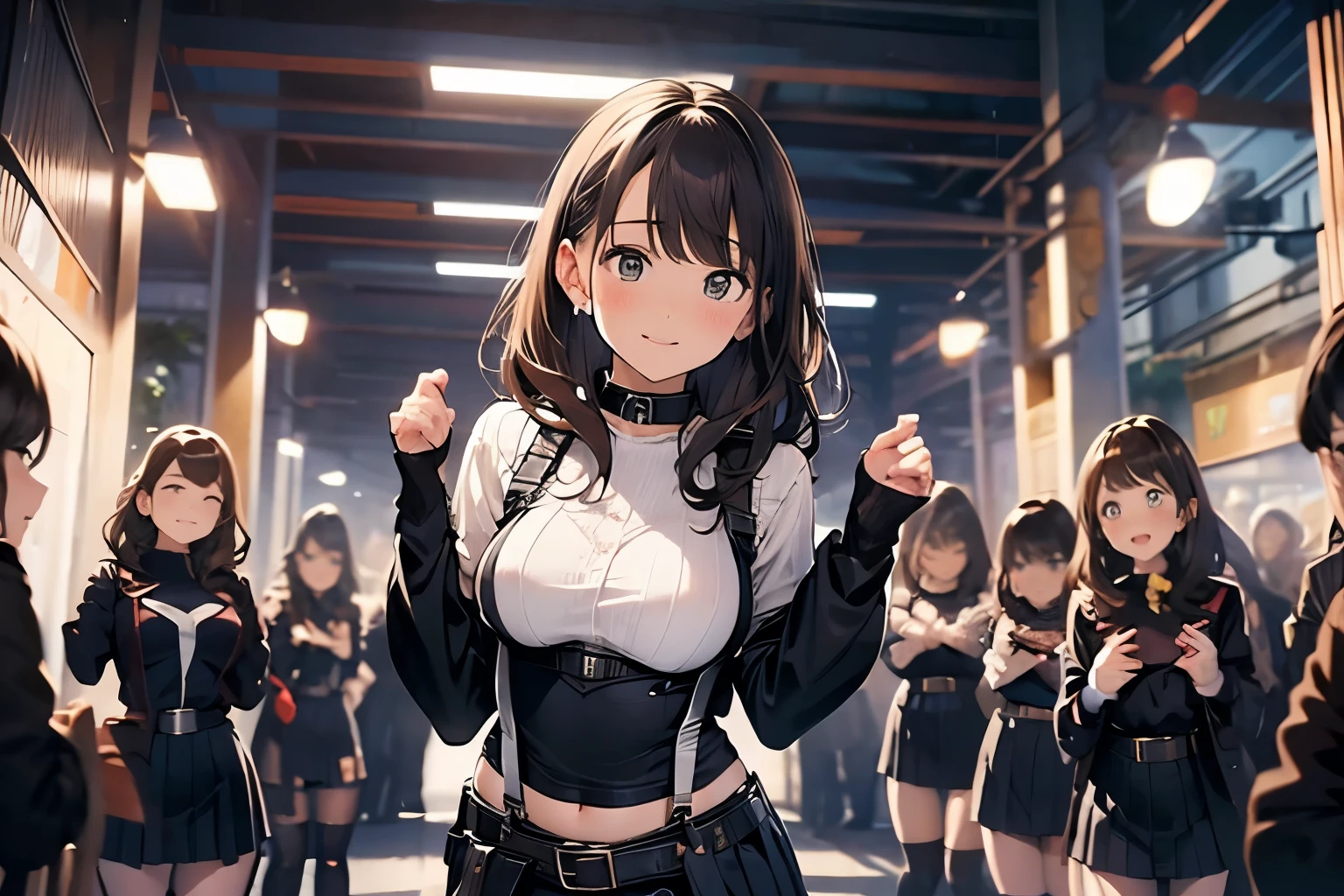 Brown hair、watching at viewers black suspenders Bulging big breasts walls: Black miniskirt garters Gaze Small face bangss holster Beautuful Women hands up レッグholster ベッドに横たわる Gaze black boots panty shot provocation flank flank汗 soio