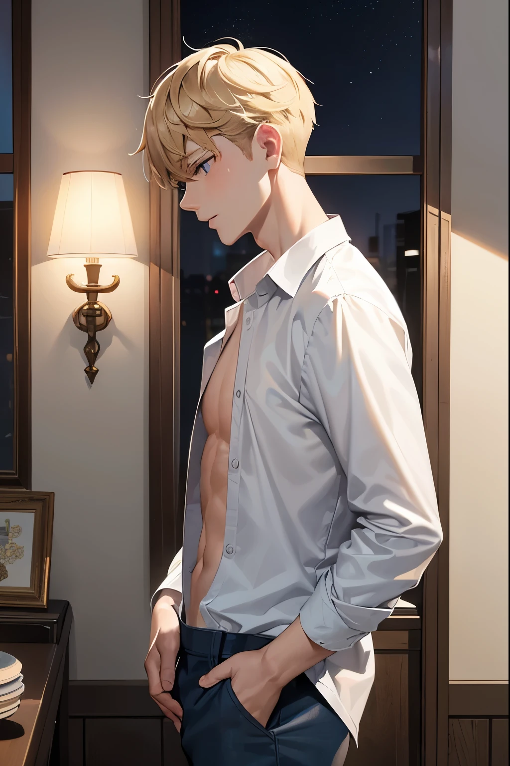 young man, 25 years old, short blonde hair, hair combed forwards, blue eyes, twink, standing, undressing, unbuttoning shirt, white shirt, lederhosen, open shirt, unbuttoned shirt, brown trousers, sad expression, looking down, dark room, dim lighting, lights off, night time, armin arlert, side view