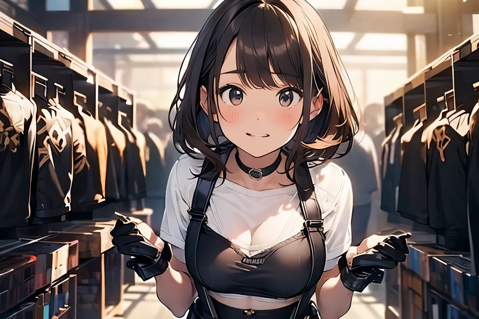 Brown hair、watching at viewers black suspenders Bulging big breasts walls: Black miniskirt garters Gaze Small face bangss holster Beautuful Women hands up レッグholster ベッドに横たわる Gaze black boots panty shot provocation flank flank汗 soio