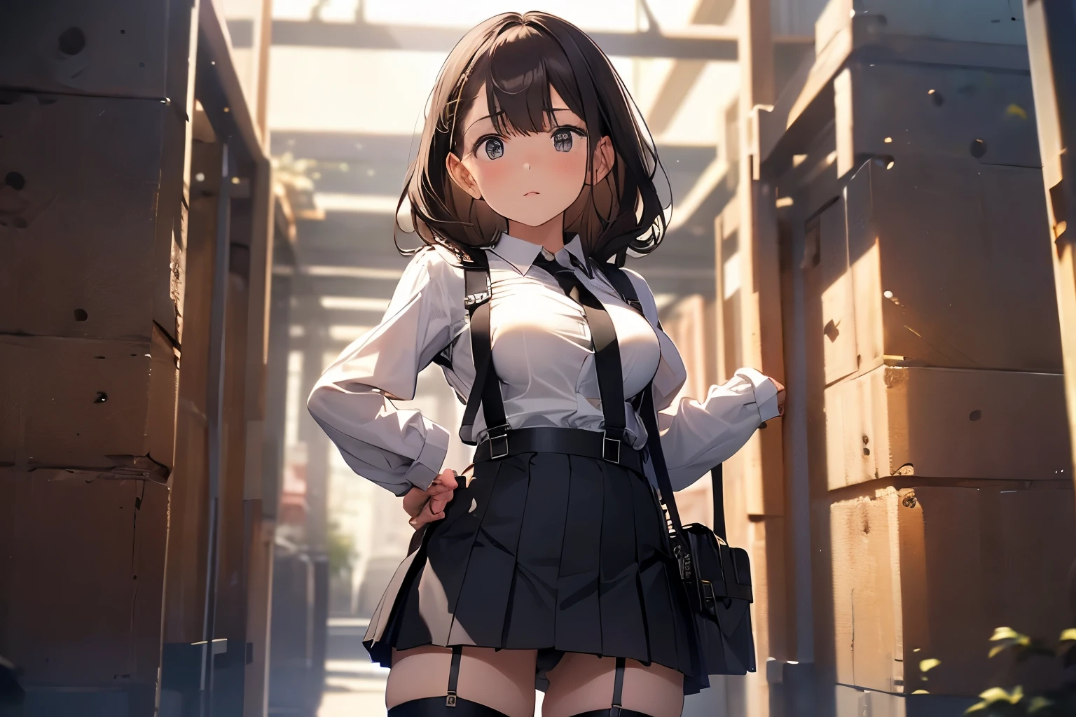 Brown hair、watching at viewers black suspenders Bulging big breasts walls: Black miniskirt garters Gaze Small face bangss holster Beautuful Women hands up レッグholster ベッドに横たわる Gaze black boots panty shot provocation flank flank汗 soio