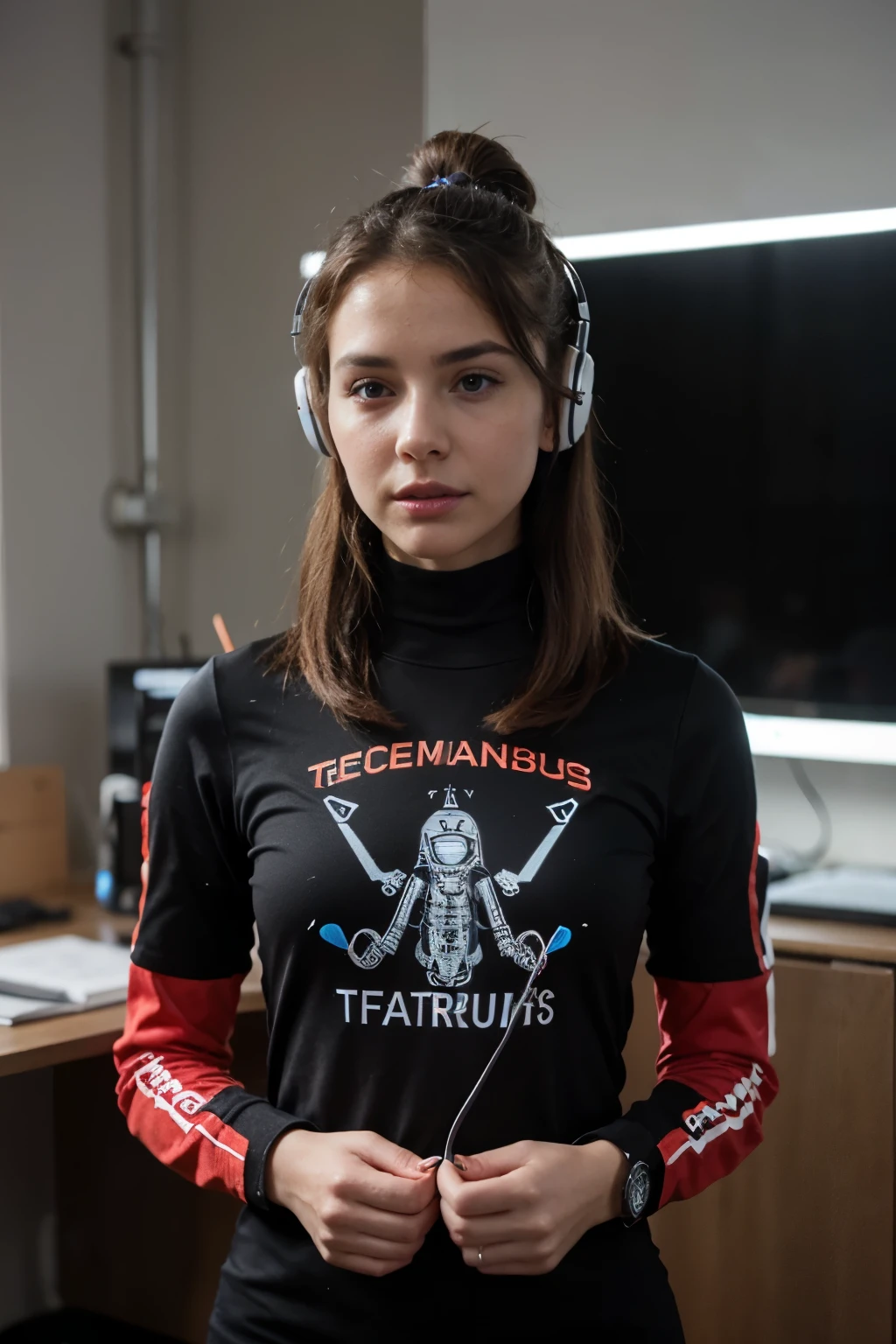 un android con micro y auriculares y traje en oficina futurista, con letras TGSS al fo do
