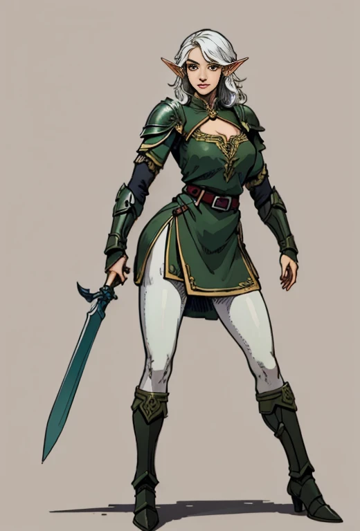 no background, background clean, standing character full body, ((solo)), elf female adult warrior, pretty face, charming face, long white hair, armor full plate green, perfect slim body