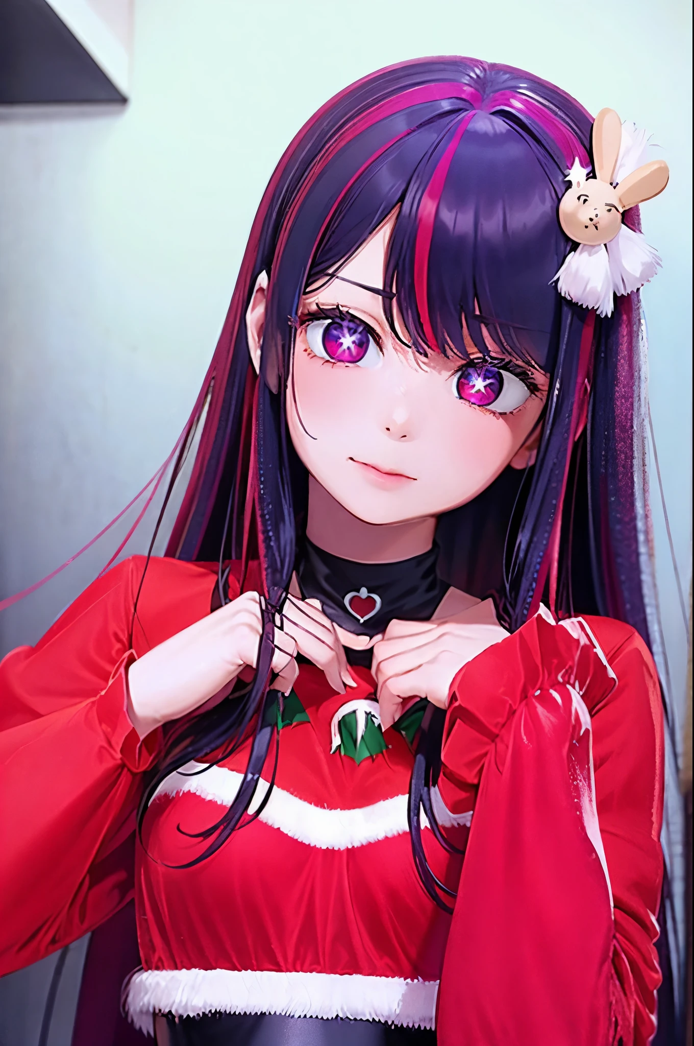 best quality Hoshino Ai, long hair, purple hair, streaked hair ,purple eyes, star-shaped pupils, hair ornament, by a christmas tree looking at her presents sntdrs, red santa dress,
fur
belt