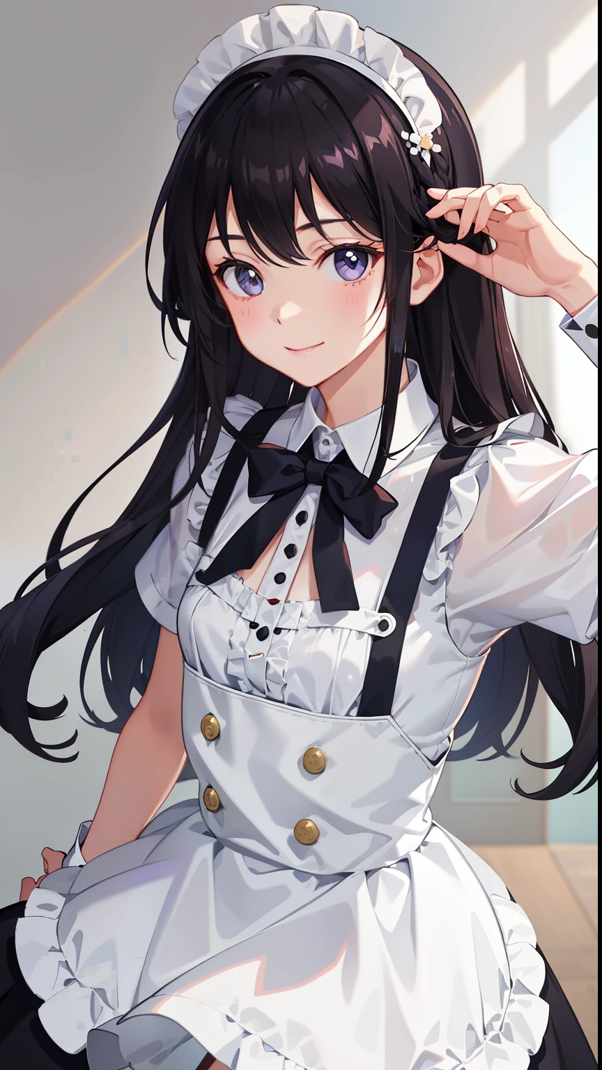 1girl in、A smile、Light in the eyes、The shirt、Blouse、skirt by the、pinafore、hair adornments、maid's costume）、（small tits）Chilarism、movement、Upper body portrait、