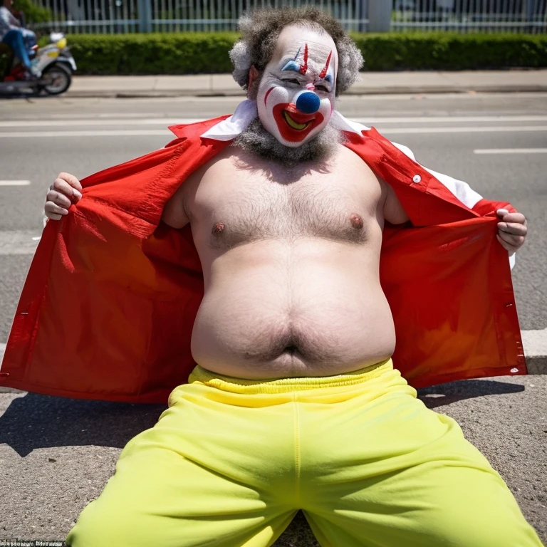 A clown man&#39;s stomach becomes fatter with chewing gum. His body became so fat that he couldn&#39;t stand up anymore.