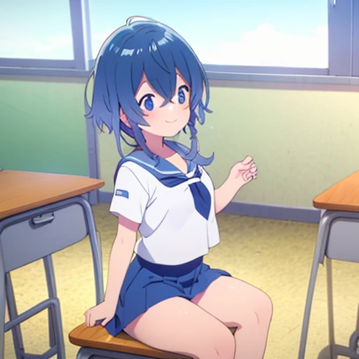 Sailor uniform, flat chests, smiling, classroom, sunny day, summer, shoes