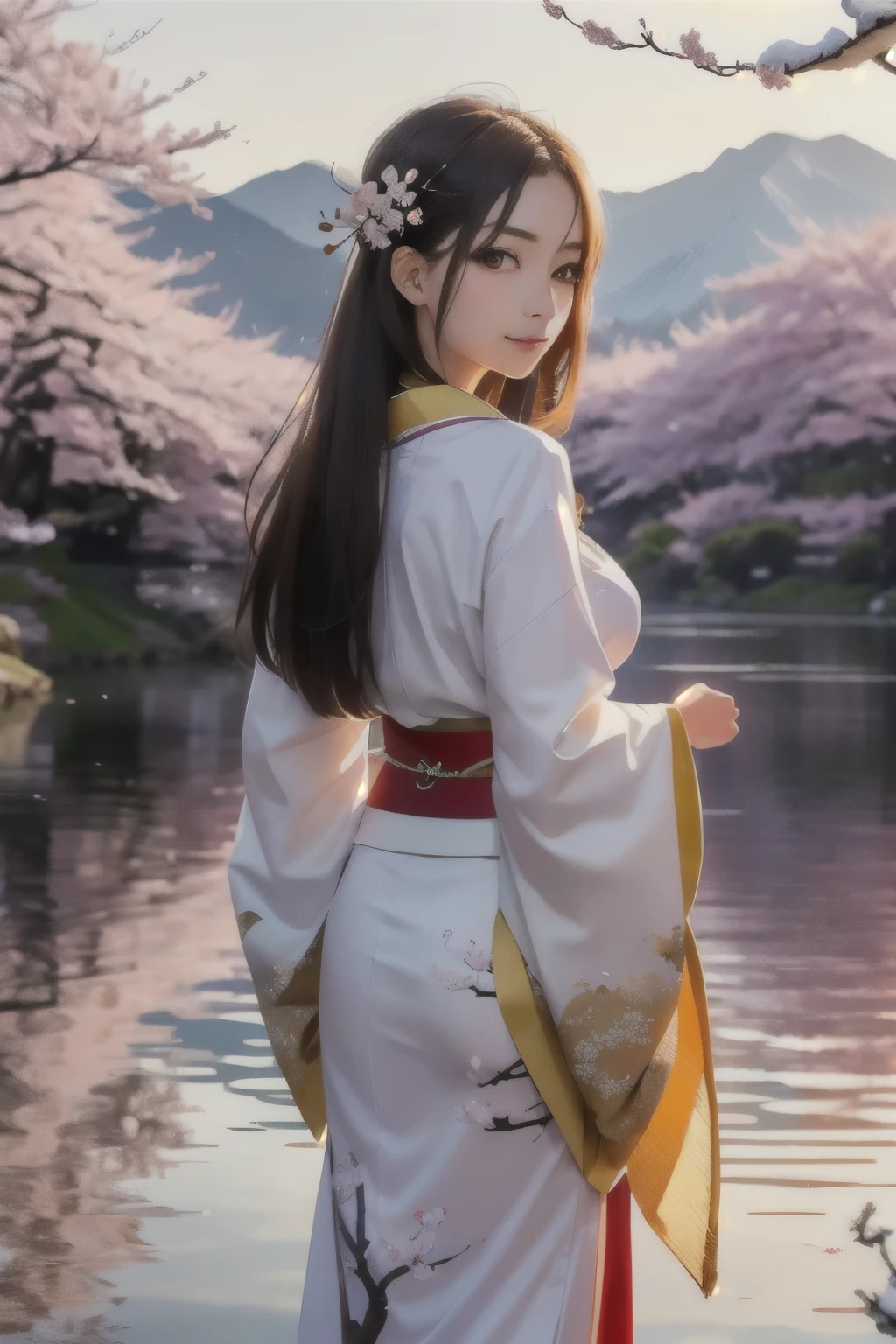 asuna, Masterpiece, Best Quality, Detailed, (1girl), 独奏, Detailed golden eyes, Long hair, Standing, Close to the viewer, (Detailed kimono), slight smile, Average Breasts,,  (Hands Behind Your Back), water, Sunset, (hair ornament), (cherry blossoms),  Snowy mountain lake in the background