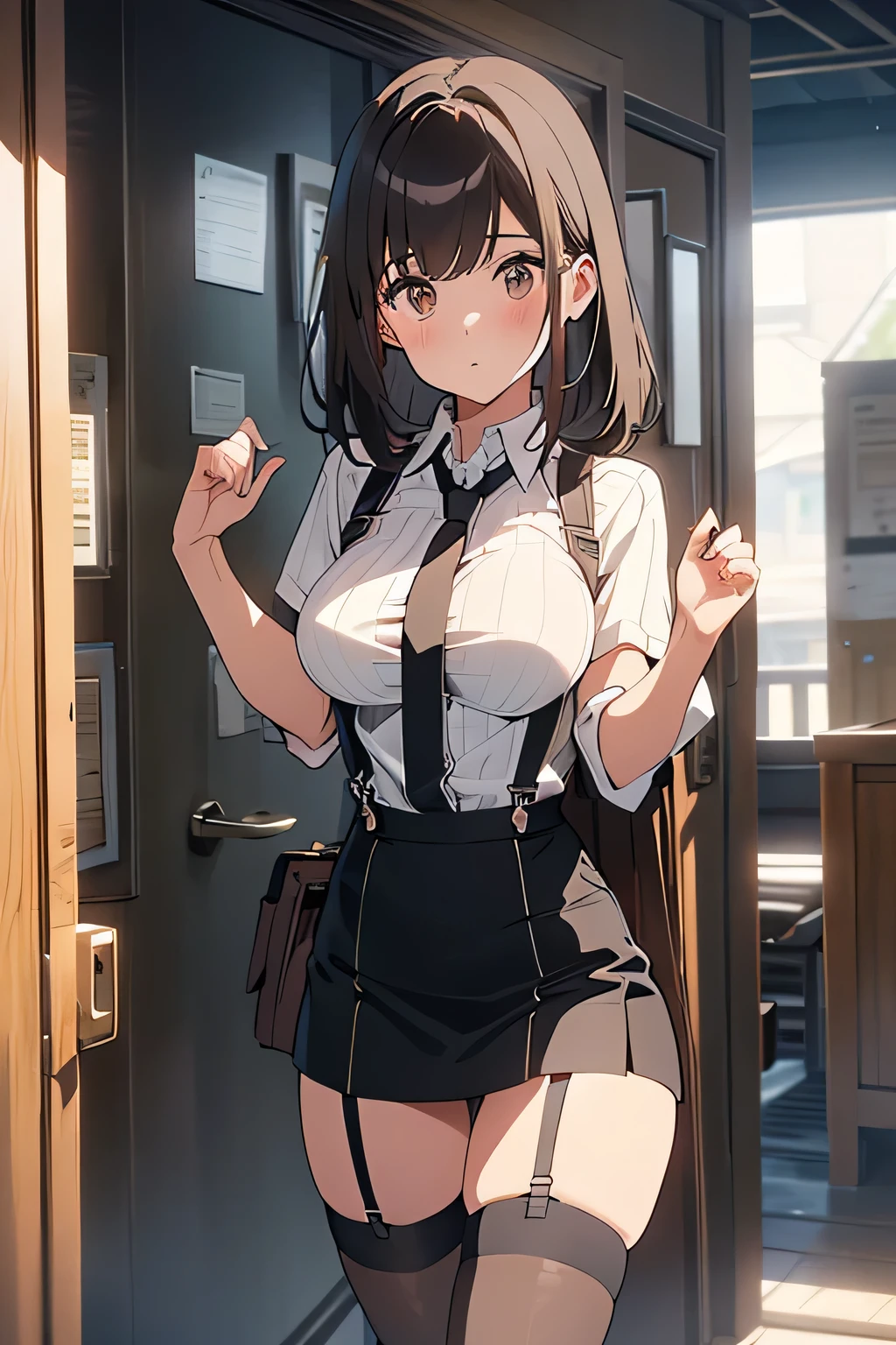 Brown hair、watching at viewers black suspenders bulging big tits walls: Black miniskirt garters Gaze a small face bangss holster Beautuful Women Hands up レッグholster ベッドに横たわる Gaze black boots panty shot Provocation flank flank汗 Soio