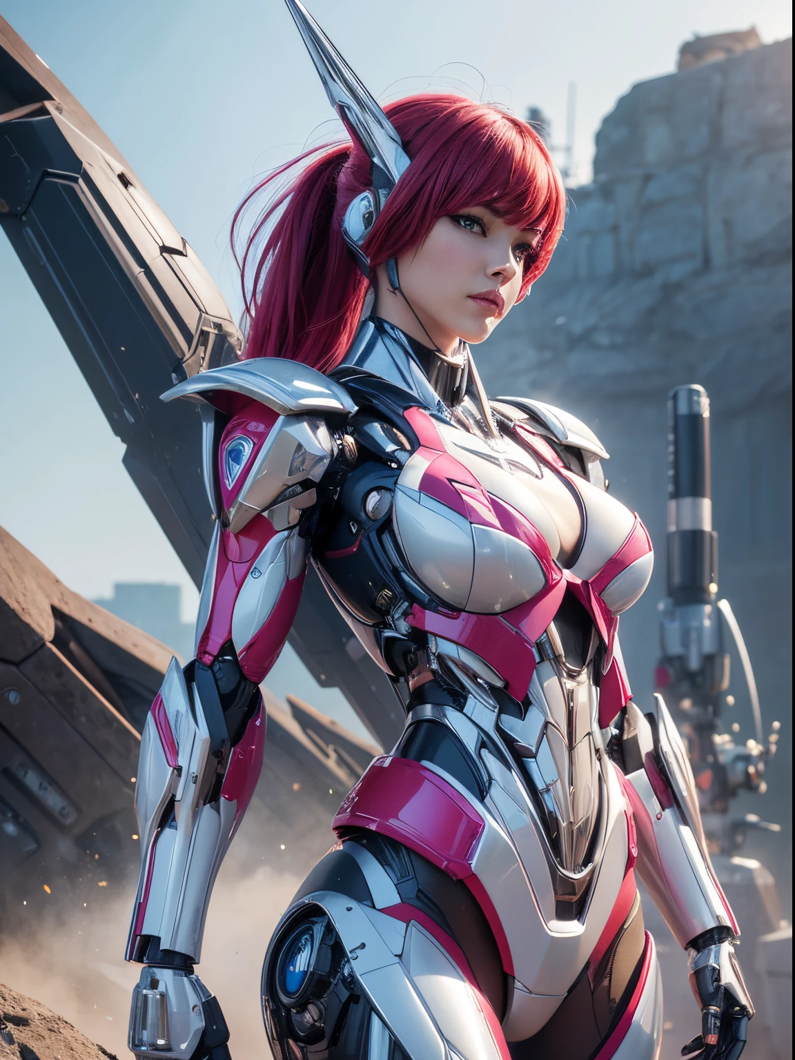 Textured skin, Super Detail, high details, High quality, Best Quality, hight resolution, 1080p, hard disk, Beautiful,(Arcee),beautiful cyborg woman,Mecha Cyborg Girl,Battle Mode,Girl with a Mecha Body,She wears a futuristic Transformers mech,Female Warrior,fully body photo