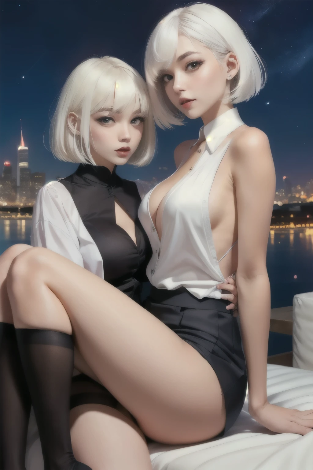 ,Twins,white colored hair,Stockings,mature female,Sateen,night city